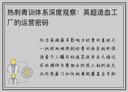 热刺青训体系深度观察：英超造血工厂的运营密码