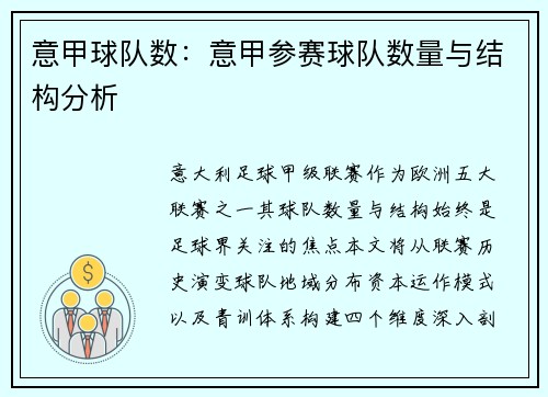 意甲球队数：意甲参赛球队数量与结构分析